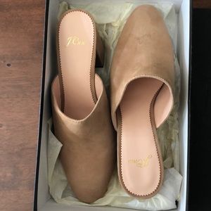 Lightly worn tan suede mules